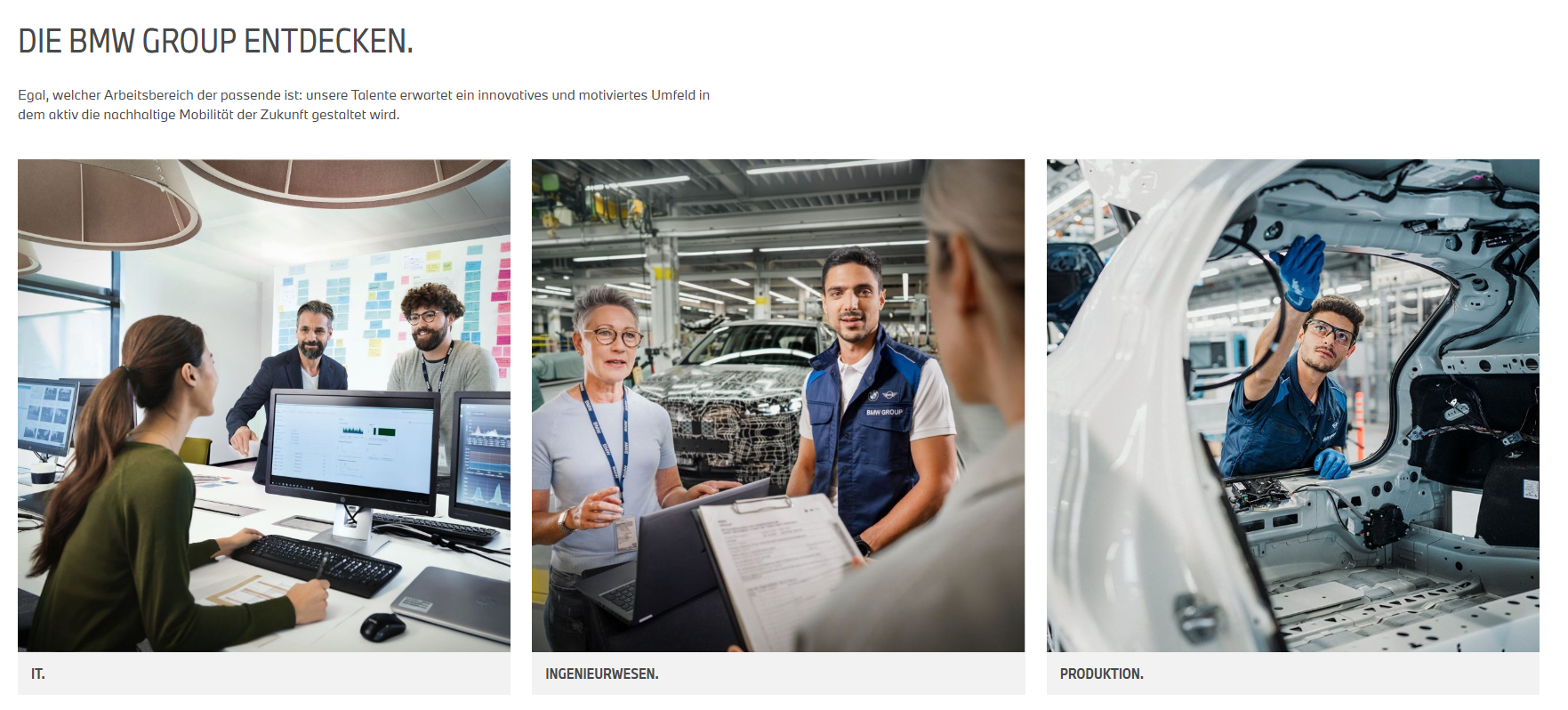 Teaser für einzelne Fachgebiete auf der Karriereseite der BMW Group