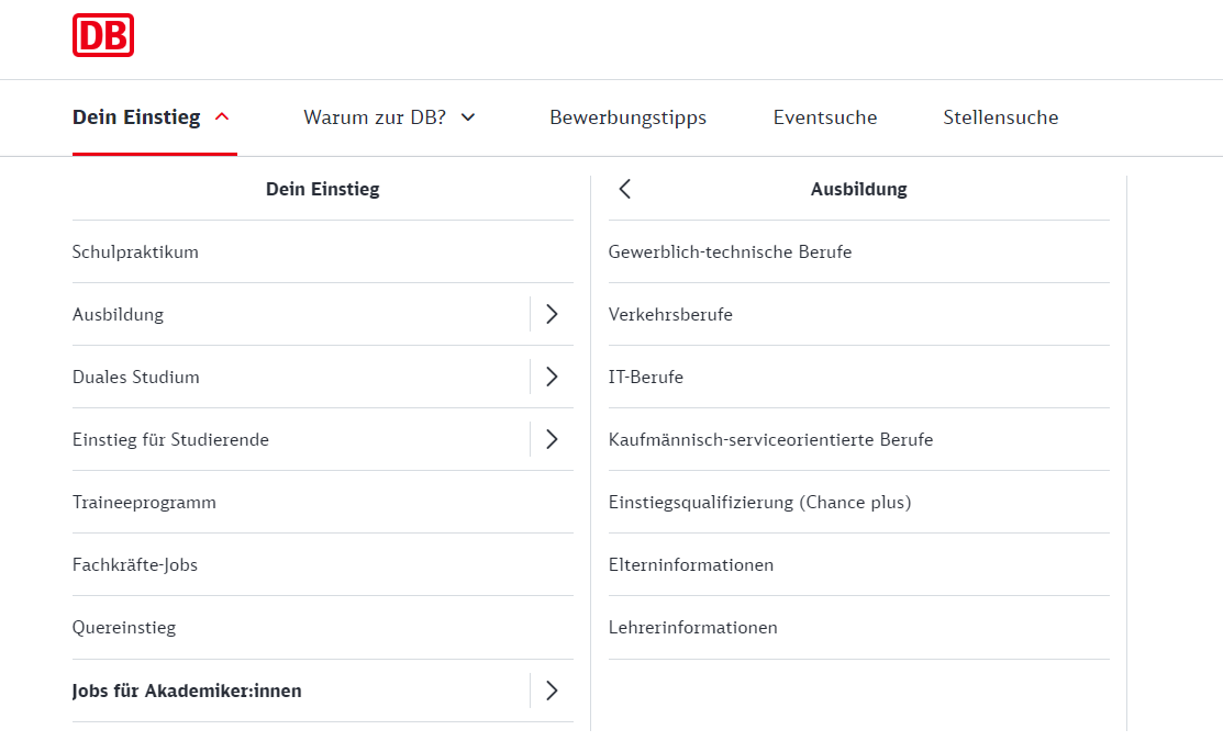Karriereseite Navigation der deutschen Bahn mit Filterung nach Einsatzgebiet oder Qualifikation