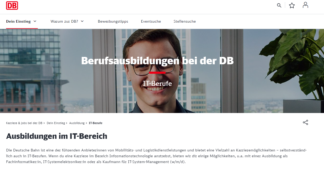 Spezifische Landingpage der deutschen Bahn für Ausbildungen im IT-Bereich